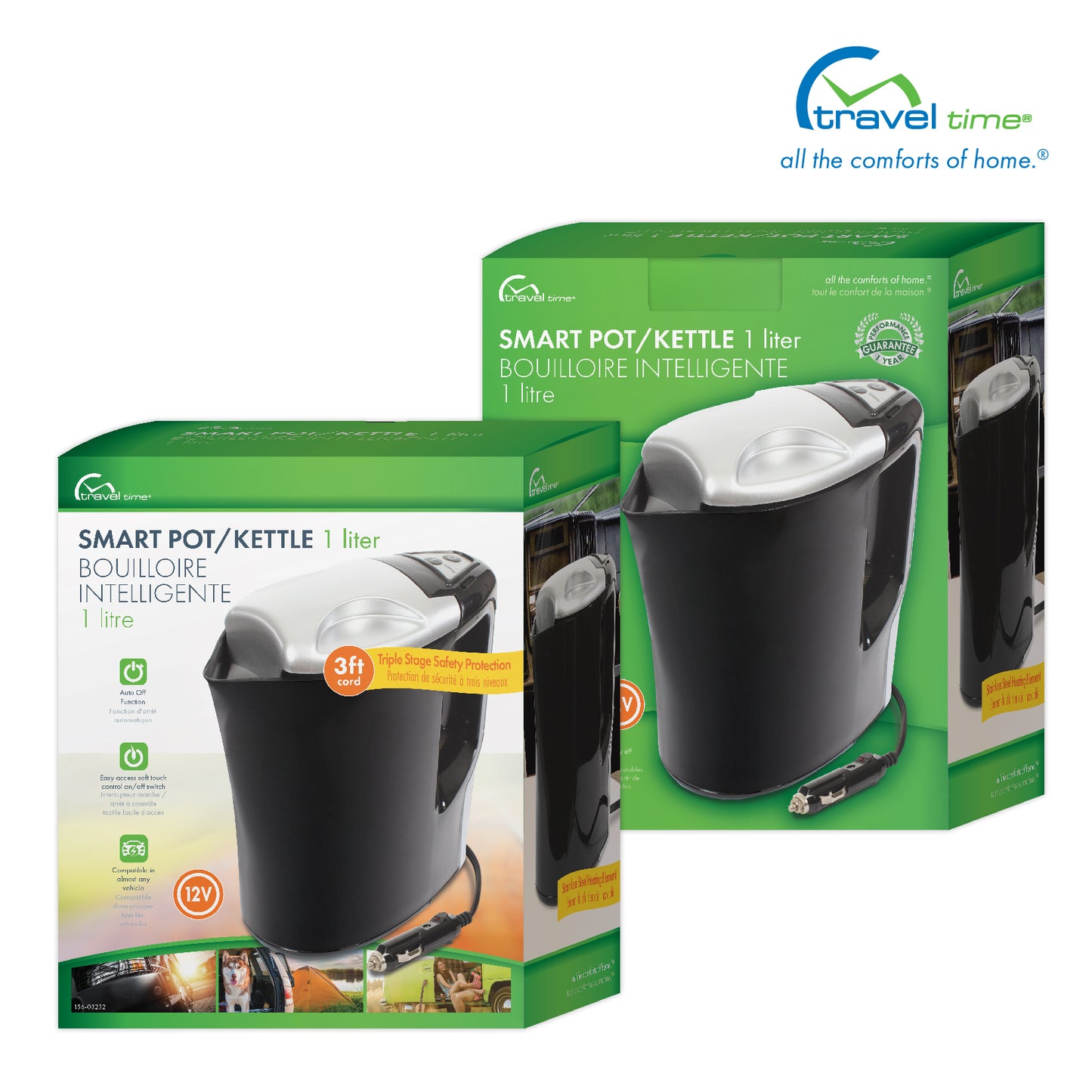 Packaged front and back images of the 12V Smart Pot Kettle. The packaging is green, white, orange, and yellow, and features callouts for the product.