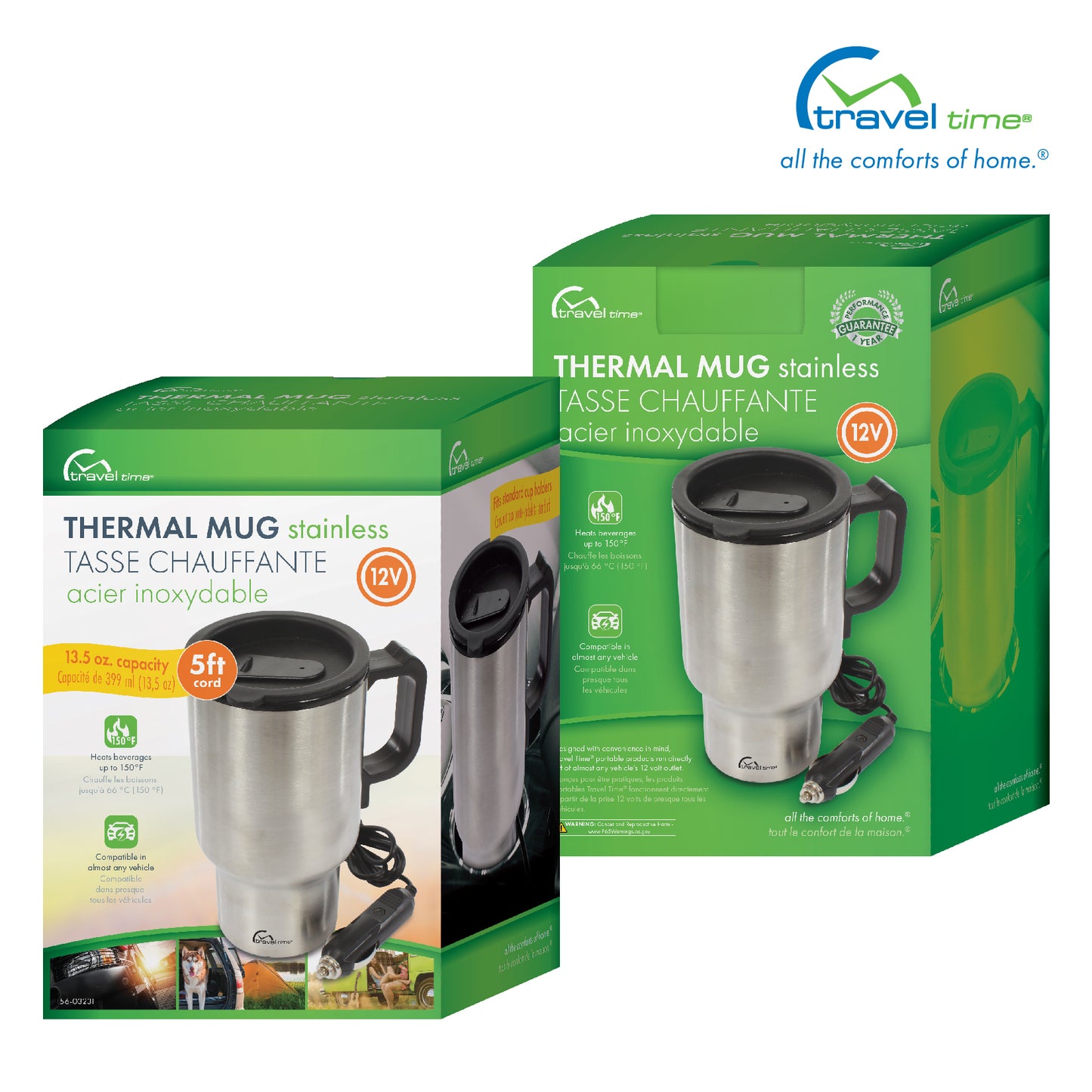 Packaged front and back images of the 12V Warming Travel Mug. The packaging is green, white, orange, and yellow, and features callouts for the product.