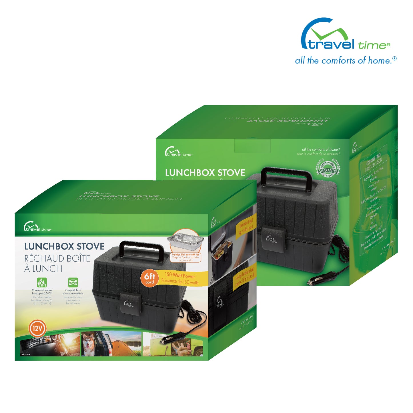 Packaged front and back images of the 12 Volt Portable Stove. The packaging is green, white, orange, and yellow, and features callouts for the product.