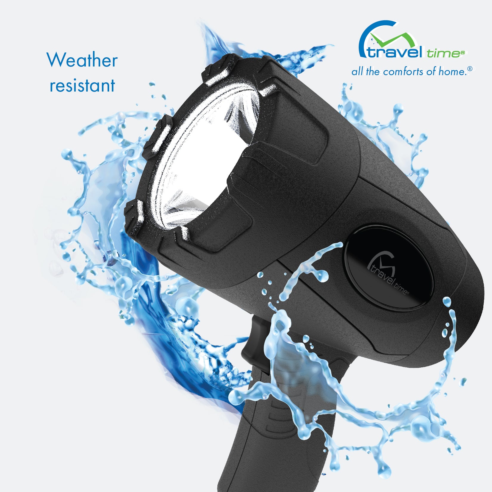 The 12V LED Rechargeable Spotlight is splashed by water to showcase it's weather-resistant build and design.