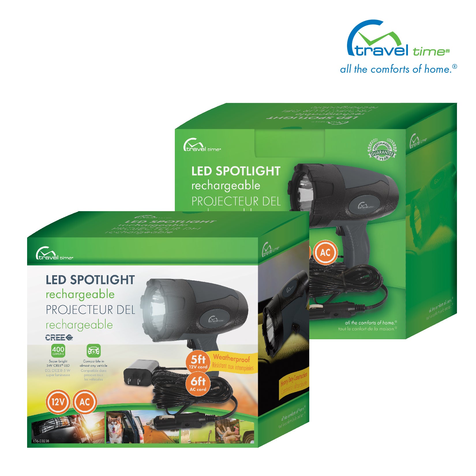 Packaged front and back views of the  12V LED Rechargeable Spotlight. The packaging is green, white, orange, and yellow, and features callouts for the product.