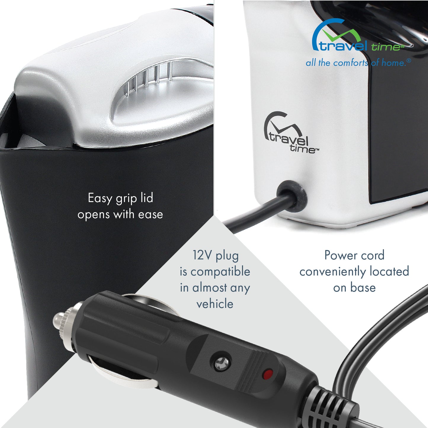 Various close ups of the 12V Smart Pot Kettle, which offers an easy grip lid, a conveniently located power cord, and a 12 volt power adapter that makes the kettle compatible with almost any vehicle.