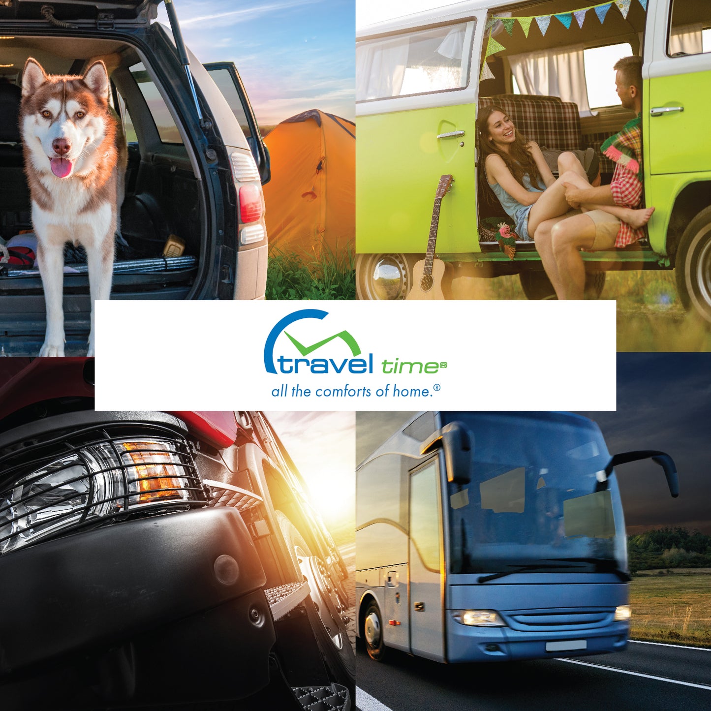 Branding collage that showcases a sample of the environments in which Travel Time products could be used, including at camp sites, in travel RVs, in semi-trucks, and in passenger buses.