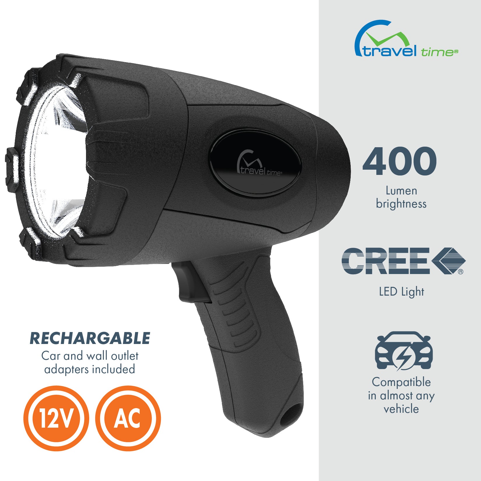 The 12V LED Rechargeable Spotlight features a black exterior, the Travel Time logo, an activation finger lever, car and wall outlet adapters, 400 lumen brightness, CREE LED light, and is compatible in almost any vehicle.