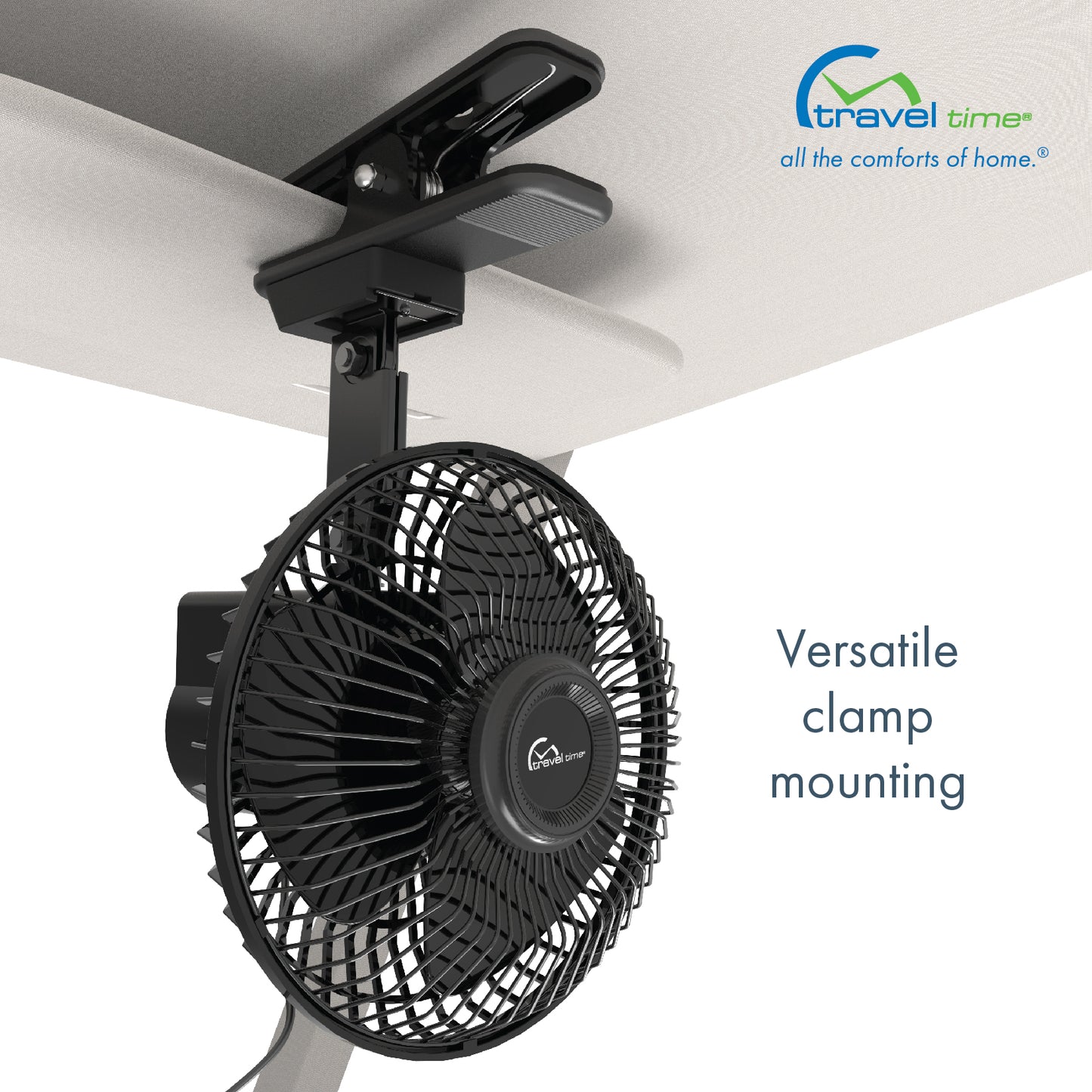 The 12V Oscillating Clip-On Fan has been clamped to the visor on the passenger side of a vehicle and can be positioned to your liking.