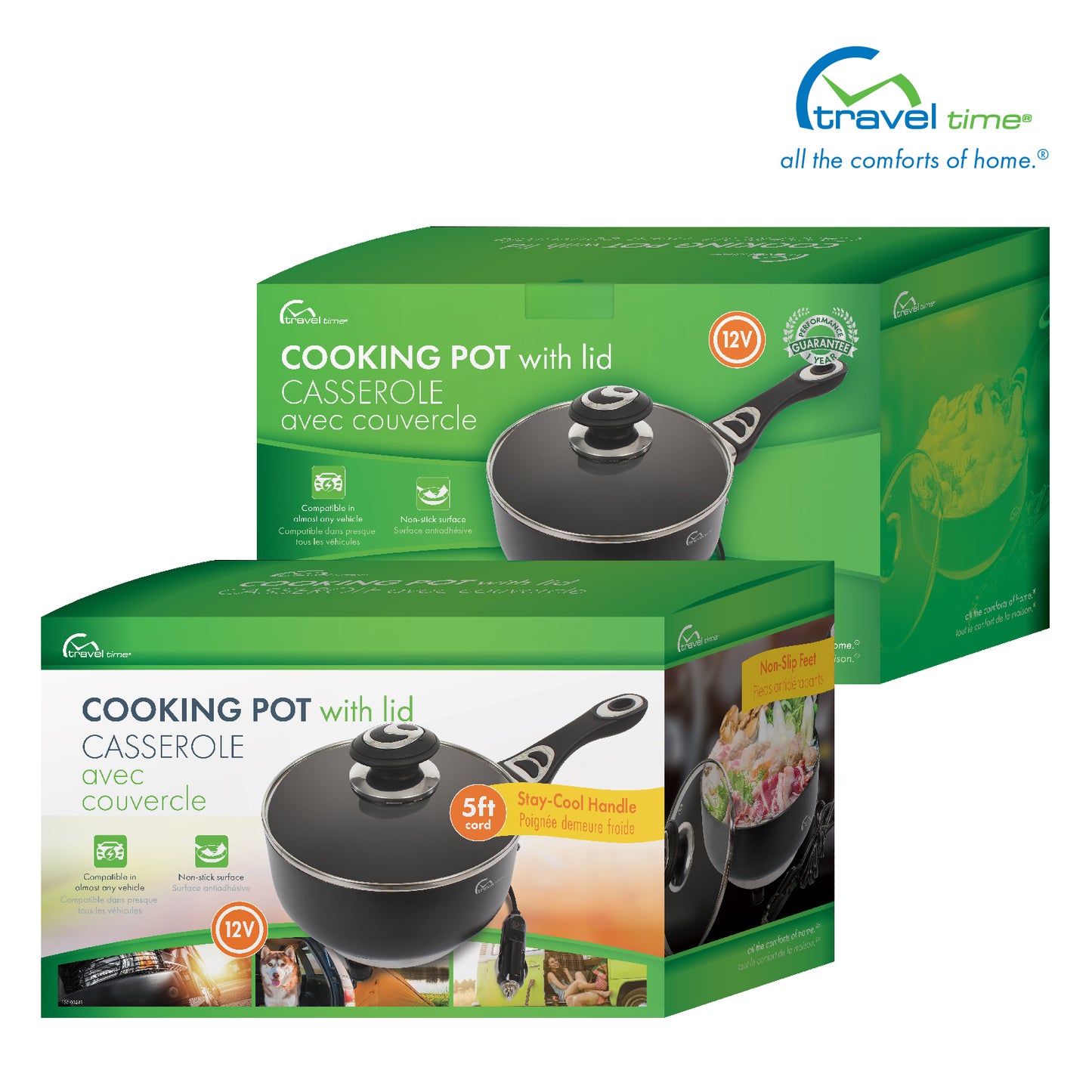 Packaged front and back images of the 12V Cooking Pot with Cover. The packaging is green, white, orange, and yellow, and features callouts for the product.