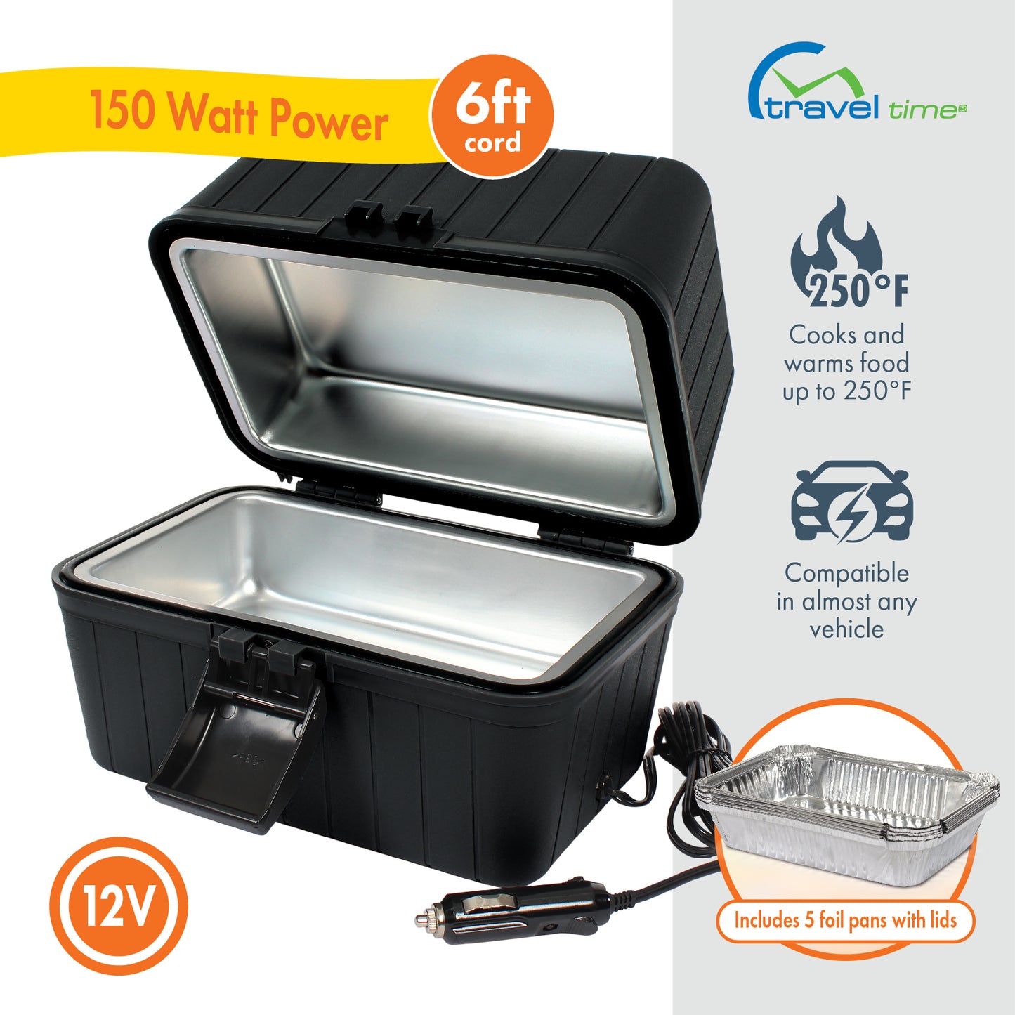 Close up of the 12V Portable Stove in Black, which is shown open and comes with 5 Pans and Lids. It offers 150 watt power, a 6 foot cord, cooks/warms food to 250 degrees fahrenheit, and is compatible in almost any vehicle.