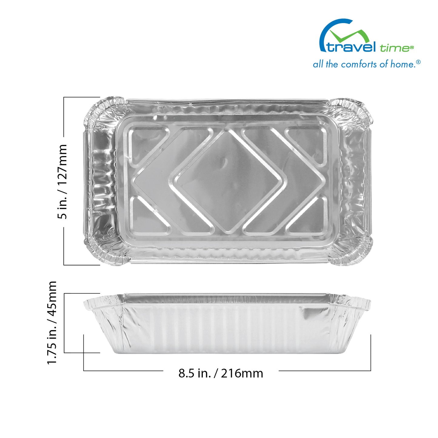 The foil container insert dimensions are 8.5" x 5" x 1.75".
