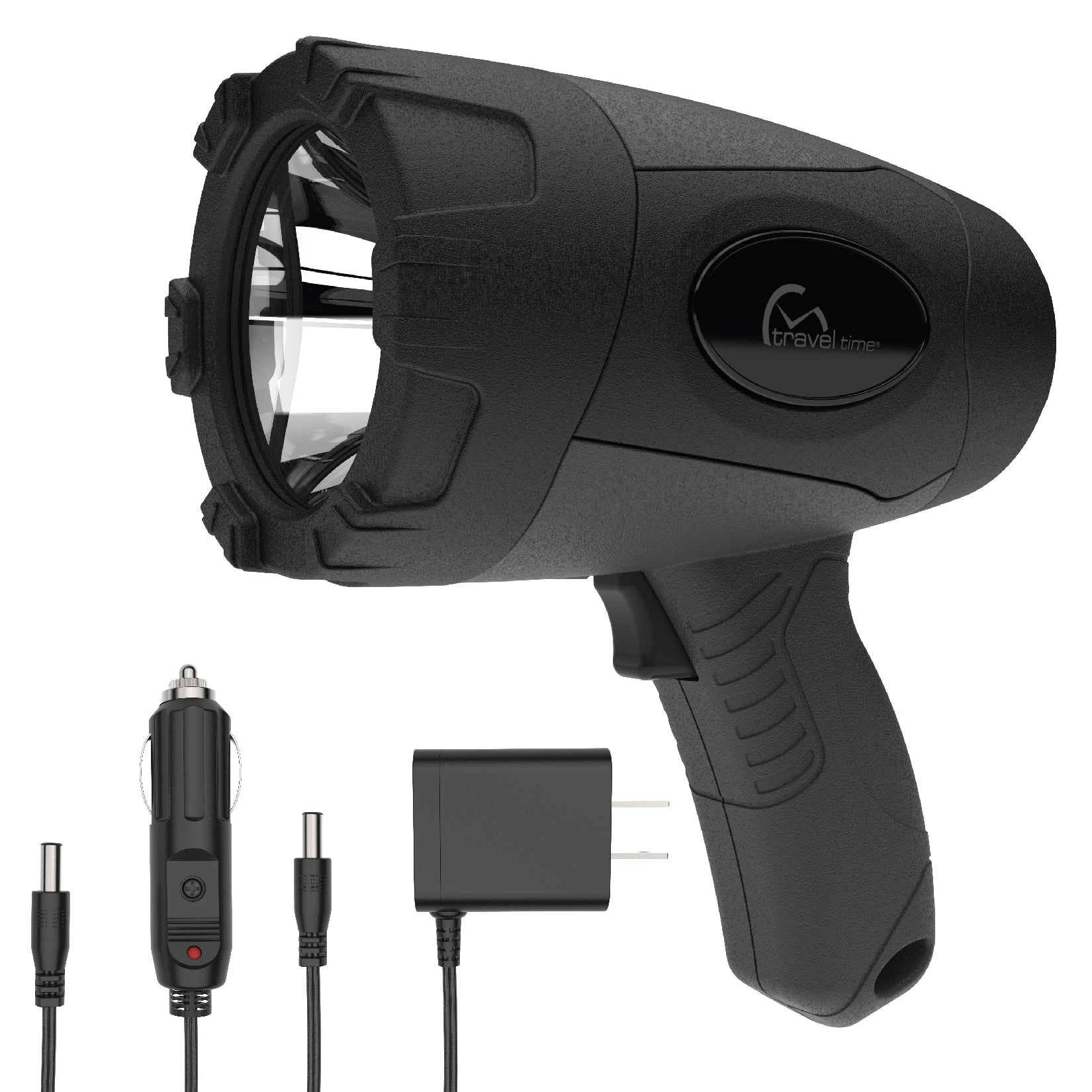 The 12V LED Rechargeable Spotlight features a black exterior, the Travel Time logo, an activation finger lever, a charging cord, and a 12 volt power cord.