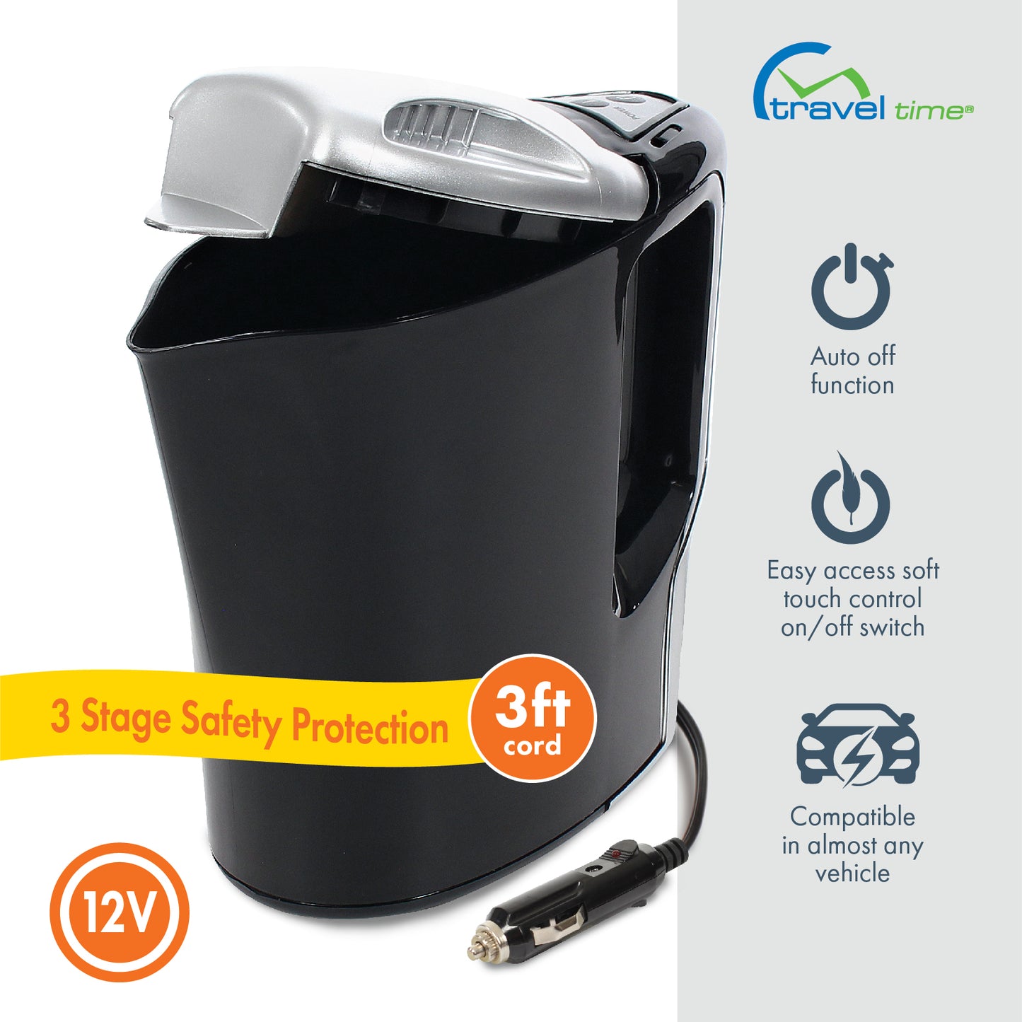 The 12V Smart Pot Kettle with a 12 volt power cord and its lid opened. It features a 3-stage safety protection functionality, a 3 foot cord, an auto-off function, an easy access soft touch control on/off switch, and is compatible in almost any vehicle.