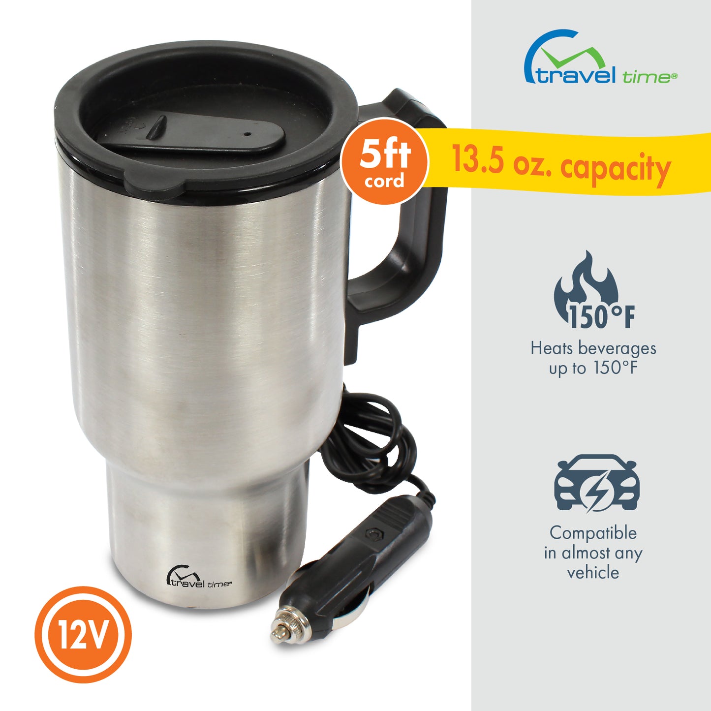 The 12V Warming Travel Mug with a 5 foot, 12 volt power cord offers a 13.5 oz. capacity, heats beverages up to 150 degrees fahrenheit, and is compatible in almost any vehicle.