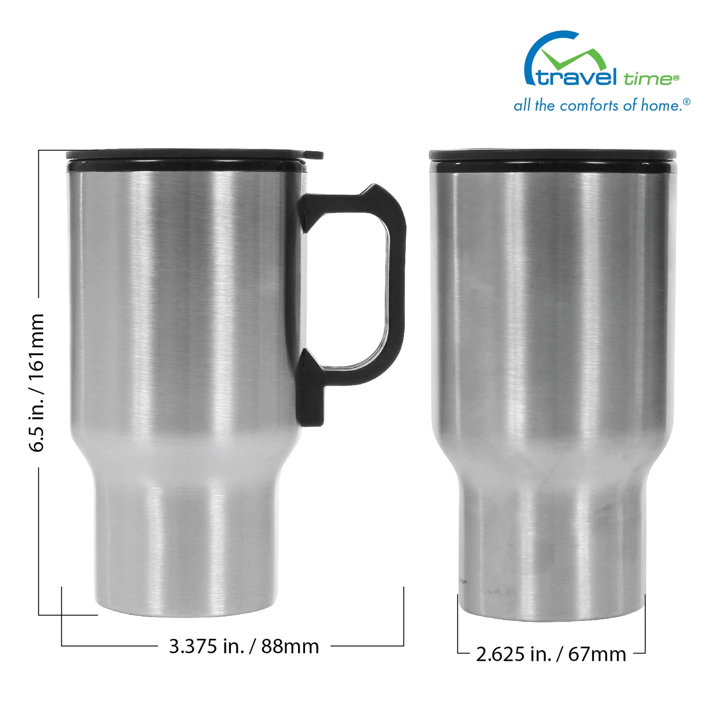 The dimensions of the 12V Warming Travel Mug are 2.625" wide diameter, 6.5" tall, and 3.375" deep, including the handle.