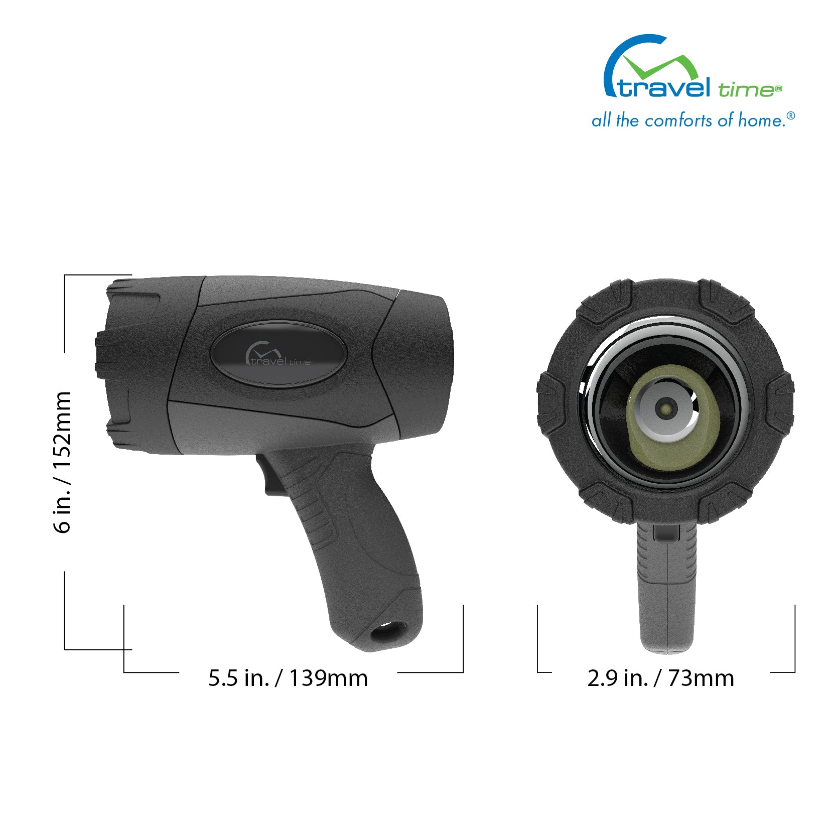 The dimensions of the 12V LED Rechargeable Spotlight are 6" tall, 5.5" deep, and 2.9" wide.
