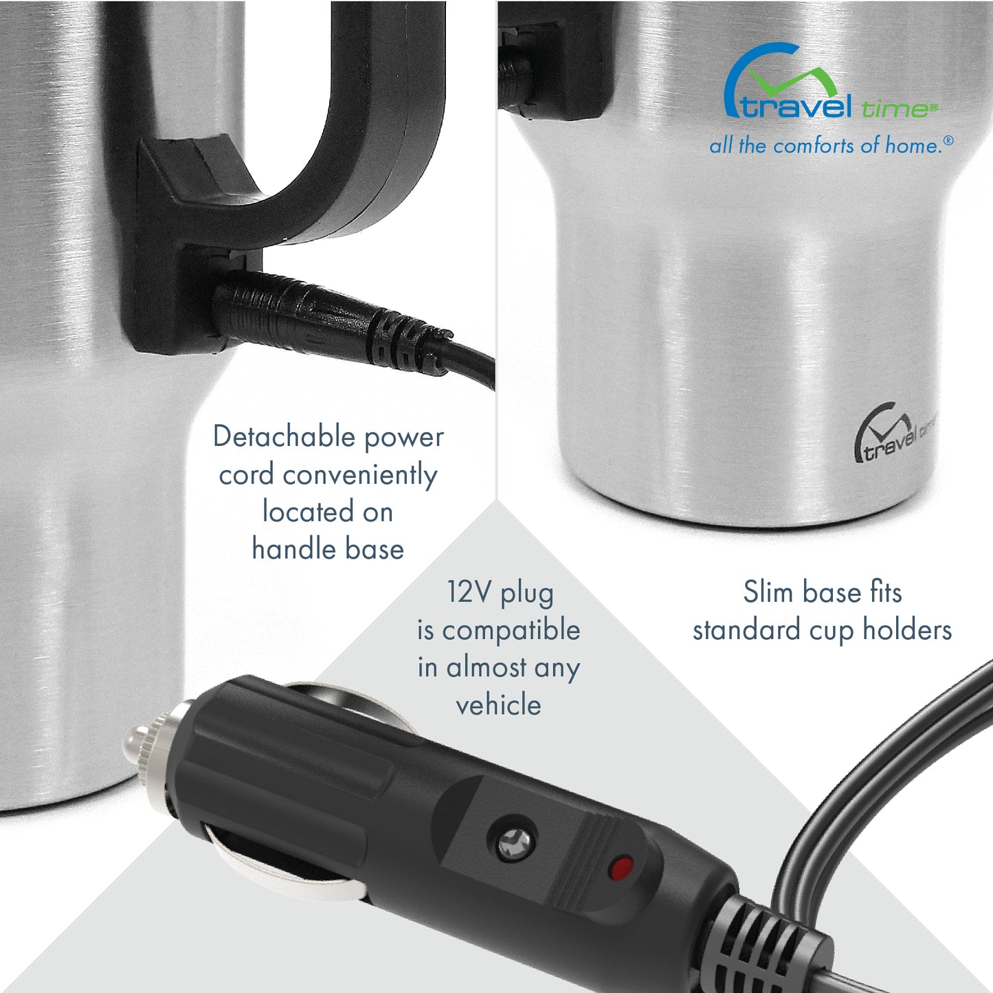 Various close ups of the 12V Warming Travel Mug with a detachable power cord, slim base for cup holders, and a 12 volt cord that makes it compatible in almost any vehicle.