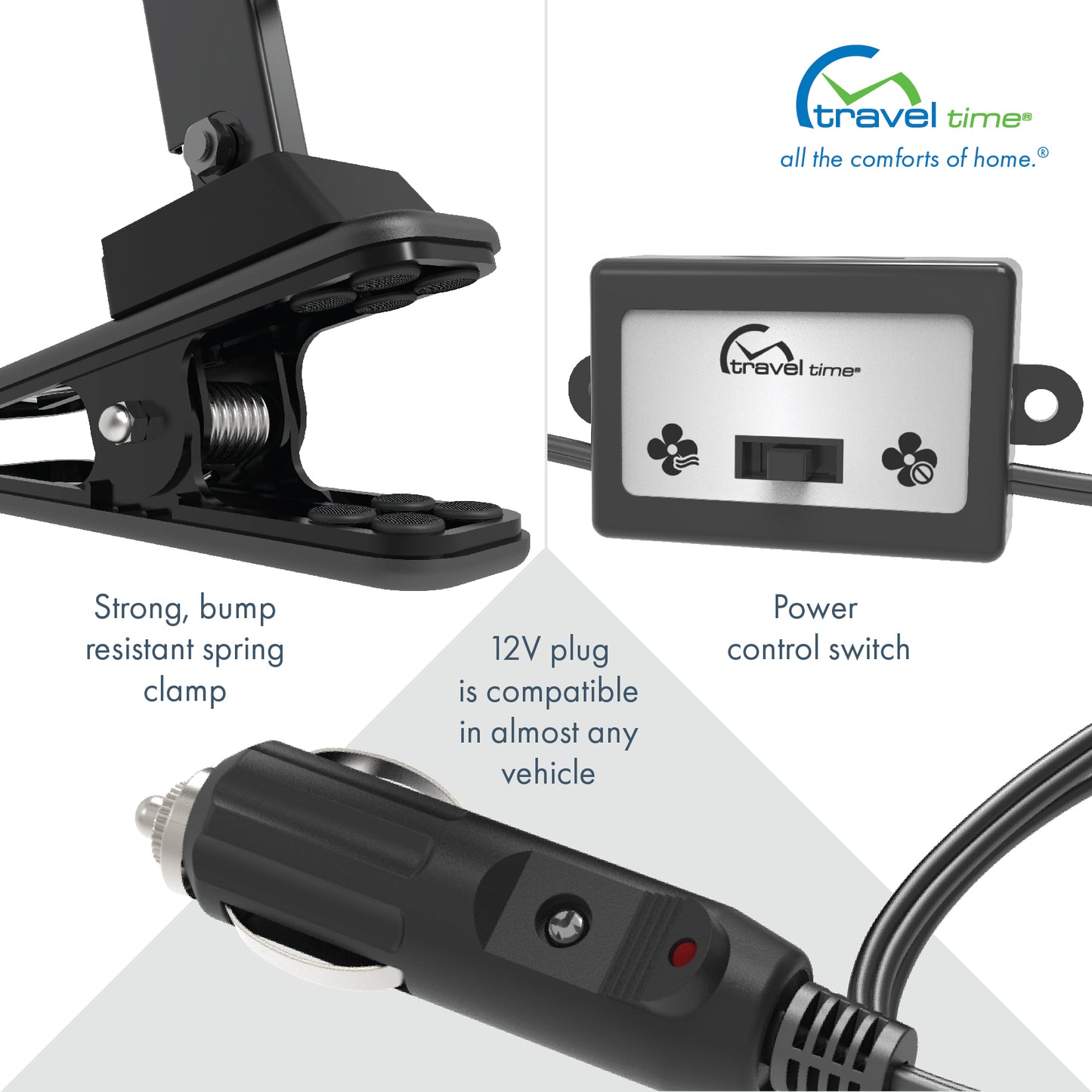 The 12V Oscillating Clip-On Fan offers a power control switch, a strong, bump-resistant spring clamp, and is compatible in almost any vehicle.