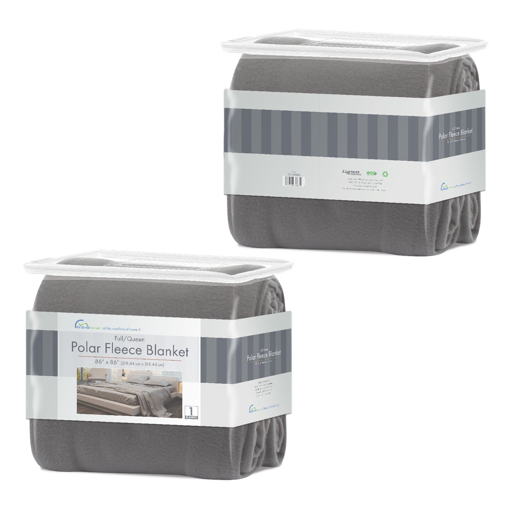 Packaged front and back view of the  gray Full/Queen Polar Fleece Blanket. 