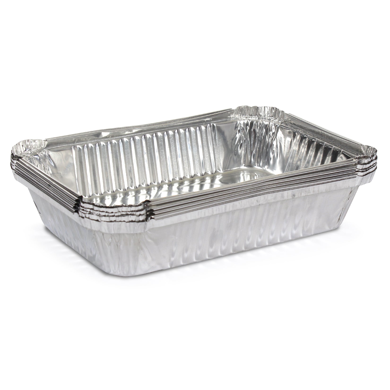 6 pack foil containers that are rectangular-shaped and have easy-grip corners.