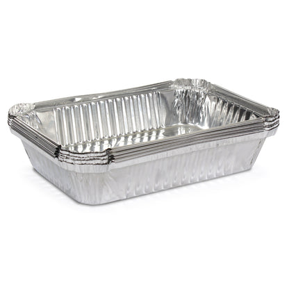 6 pack foil containers that are rectangular-shaped and have easy-grip corners.