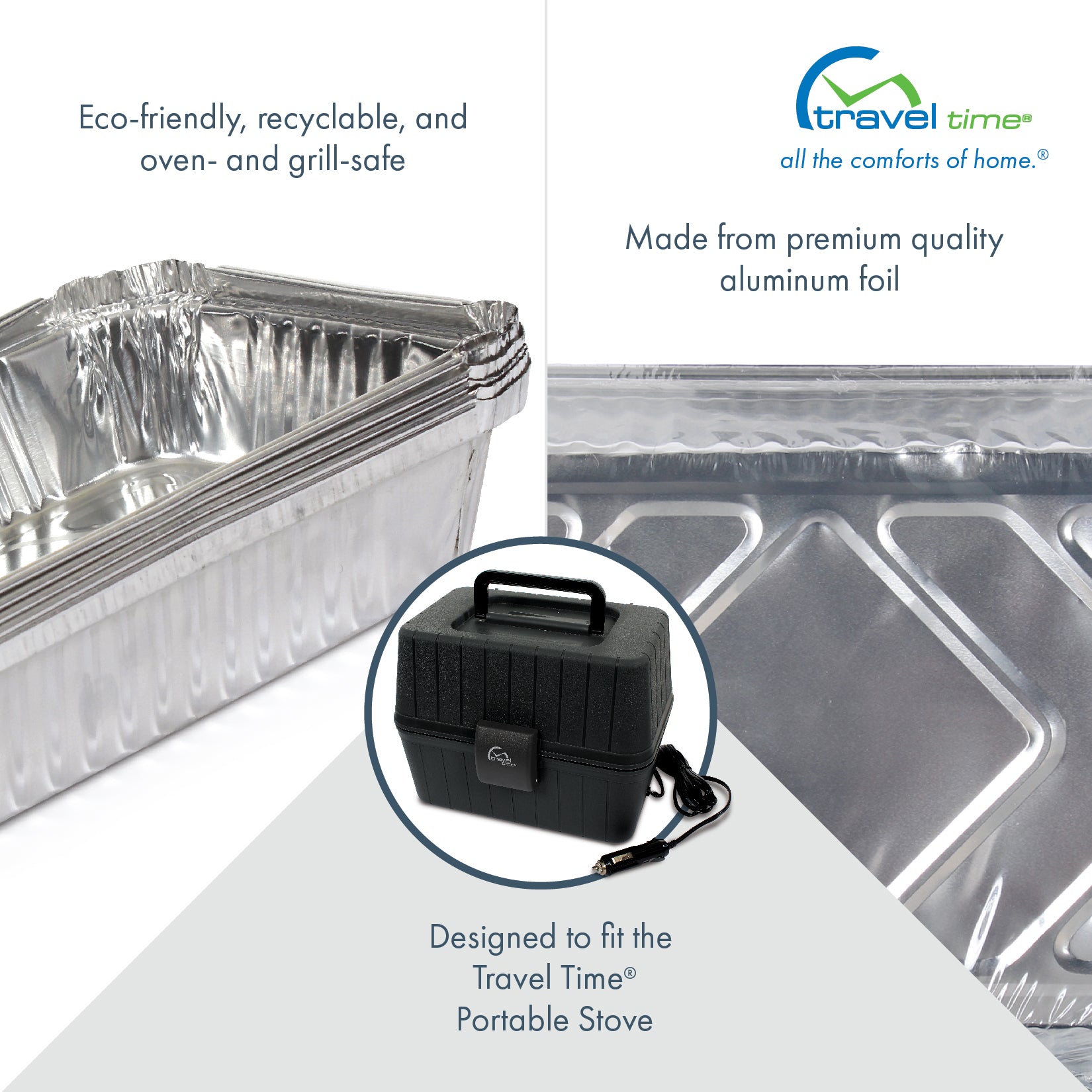 Close up of the 6 pack foil containers that are eco-friendly recyclable, and oven- and grill-safe. These containers are made from premium quality aluminum foil and designed to fit the Travel Time Portable Stove.
