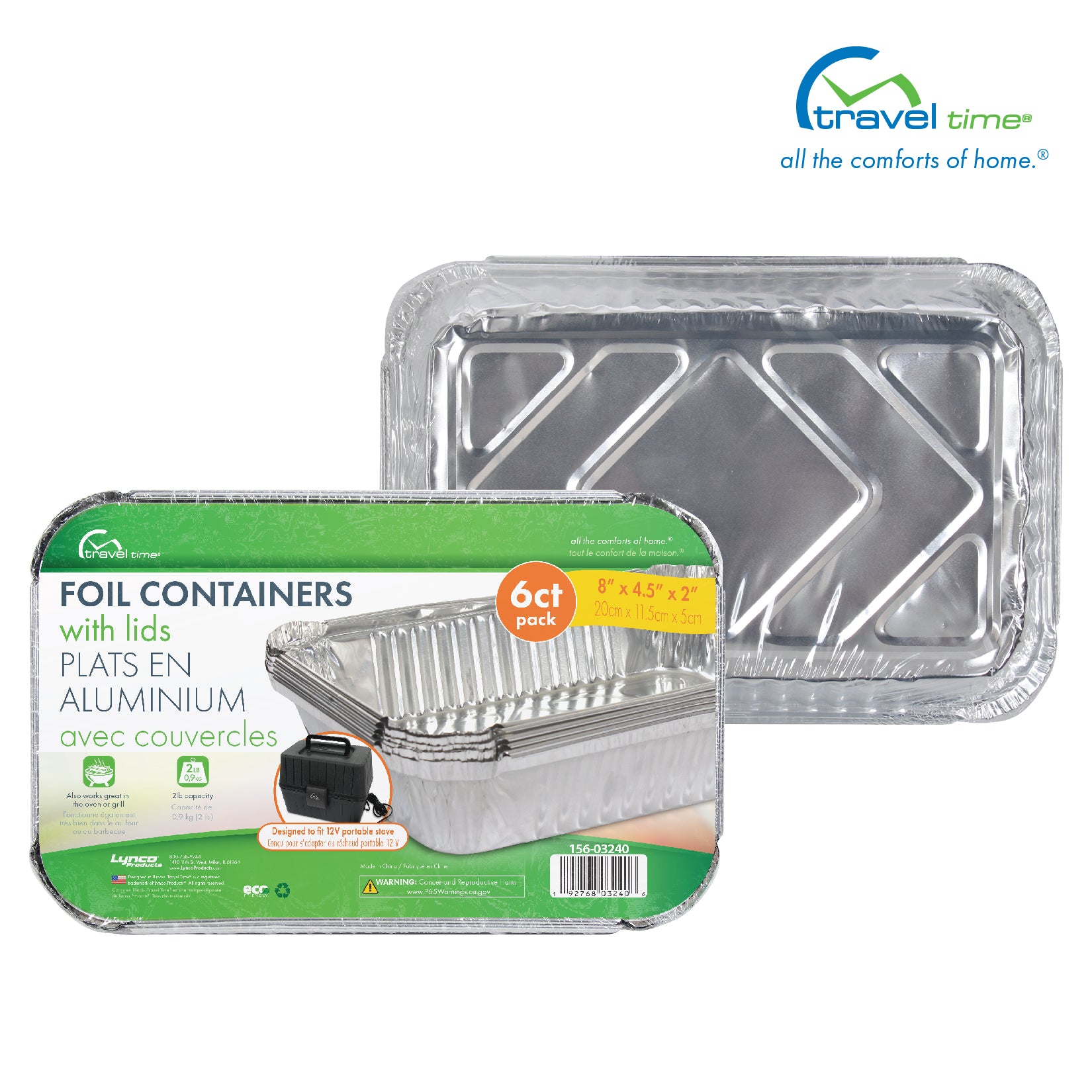 Packaged front and back images of the Foil Containers with Lids. The packaging is green, white, orange, and yellow, and features callouts for the product.