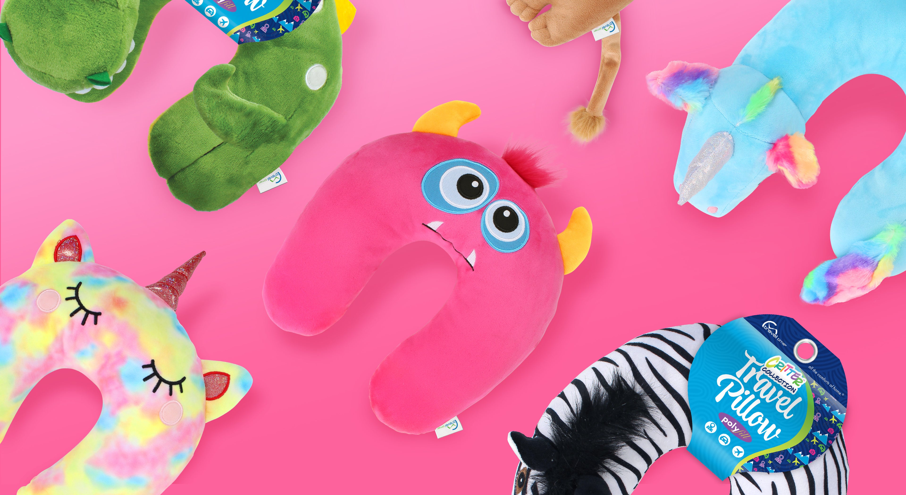 Colorful collage flat lay of Kids' Junior Travel Pillows, with the monster in the center, atop of a vibrant pink background