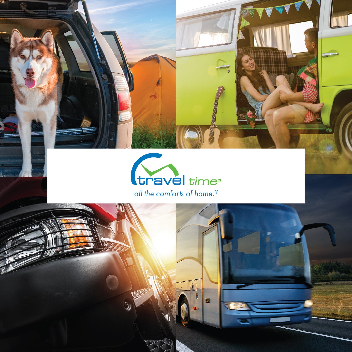Branding collage that showcases a sample of the environments in which Travel Time products could be used, including at camp sites, in travel RVs, in semi-trucks, and in passenger buses. 