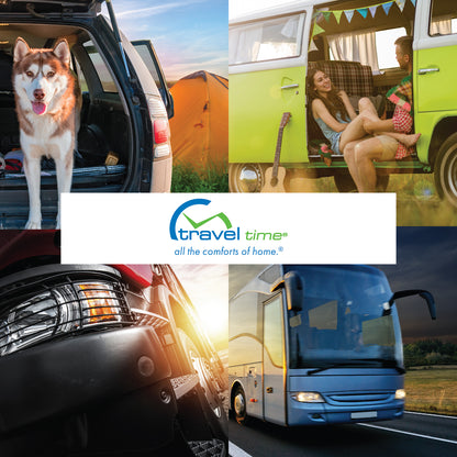 Branding collage that showcases a sample of the environments in which Travel Time products could be used, including at camp sites, in travel RVs, in semi-trucks, and in passenger buses. 